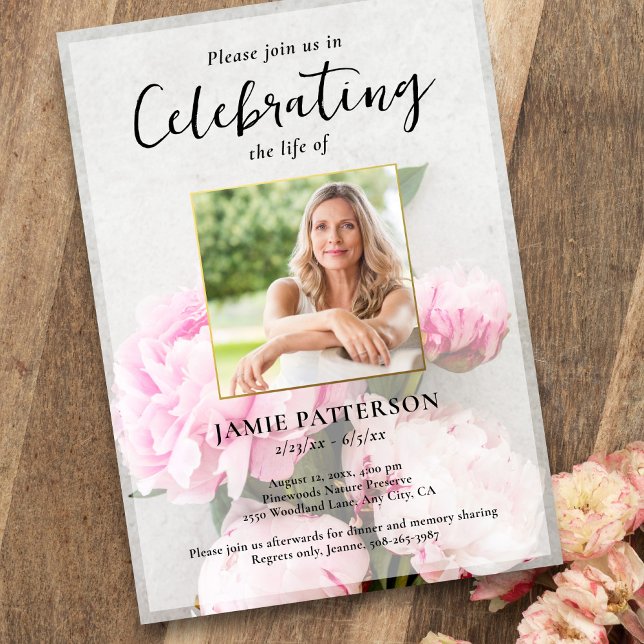 Convites Peony Flowers Celebration of Life Photo, Funeral (Criador carregado)