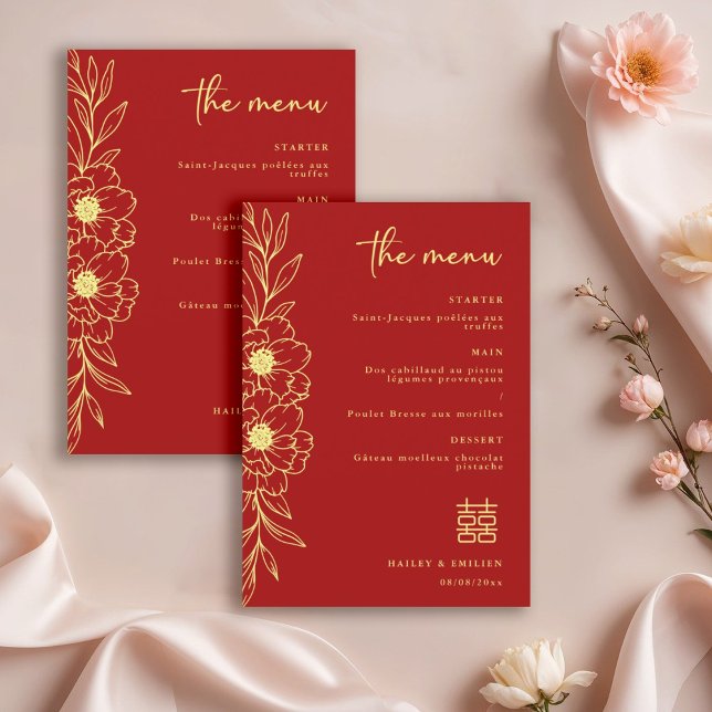 Convites Peony Flowers Modern Chinese Red Gold Wedding Menu (Criador carregado)