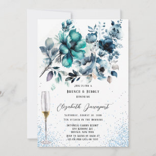 Convites Peony Glitter Azul e Teal Brunch e Bubble
