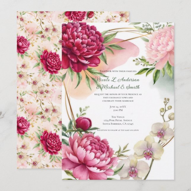 Convites Peony & Orchid Garden Floral Glam Wedding  (Frente/Verso)