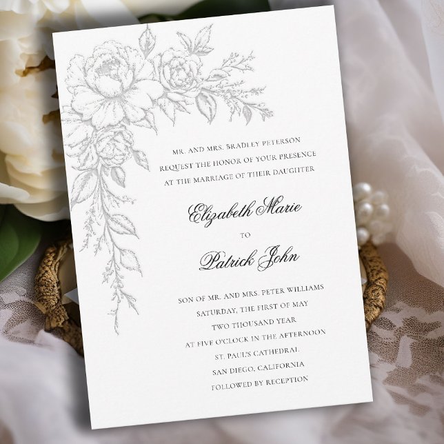 Convites Peony Radiant White Elegant Formal Classic Wedding (peony wedding invitation formal traditional modern classic art sketch black white parents host)