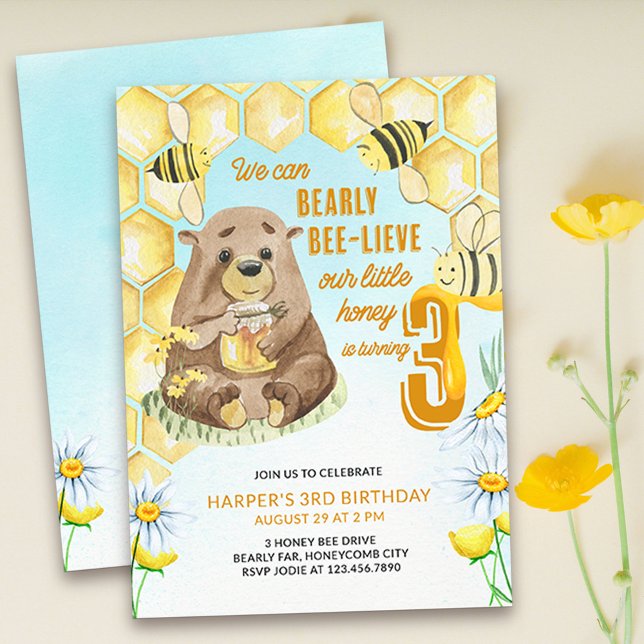 Convites Pequena Abelha-aniversário de 3 anos de-Abelha-de- (Bet you can bearly bee-lieve your little honey is three already! Super cute bee & bear theme invite)