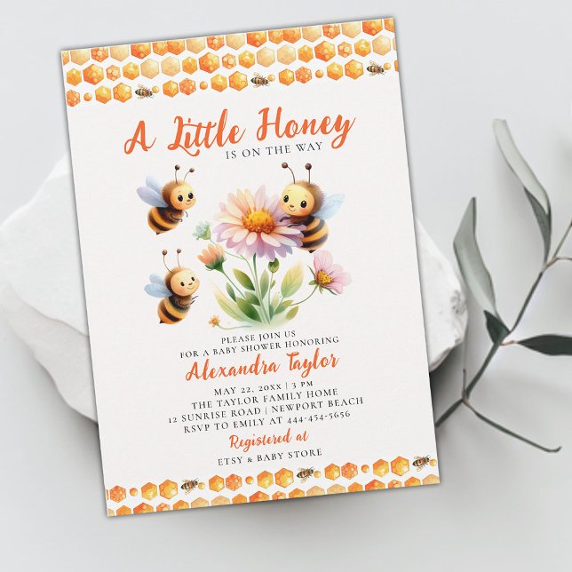 Convites Pequena Abelhas Frescas de Mel Chá (little honey bee baby girl shower invitation watercolor illustration cute whimsical wildflower)