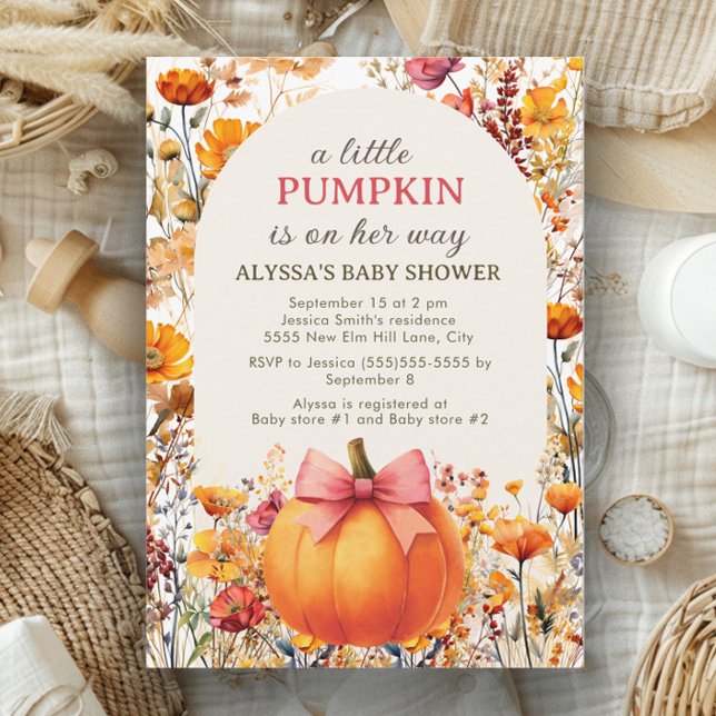 Convites Pequena Abóbora a Caminho Arco Outono Chuvinha de  ("Little Pumpkin" watercolor floral baby girl baby shower invitation)