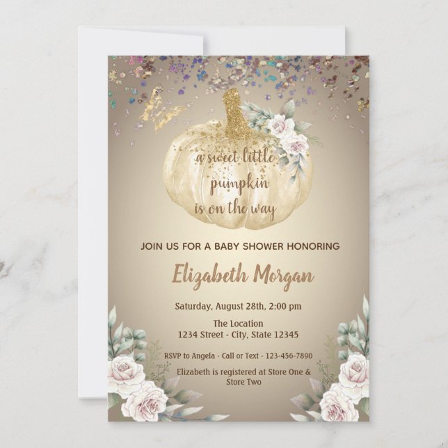 Convites Pequena Abóbora,Flores,Chá de fraldas Borboleta (Frente)