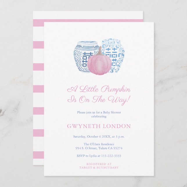 Convites Pequena Abóbora No Caminho Da Chá de fraldas Rosa (Frente/Verso)