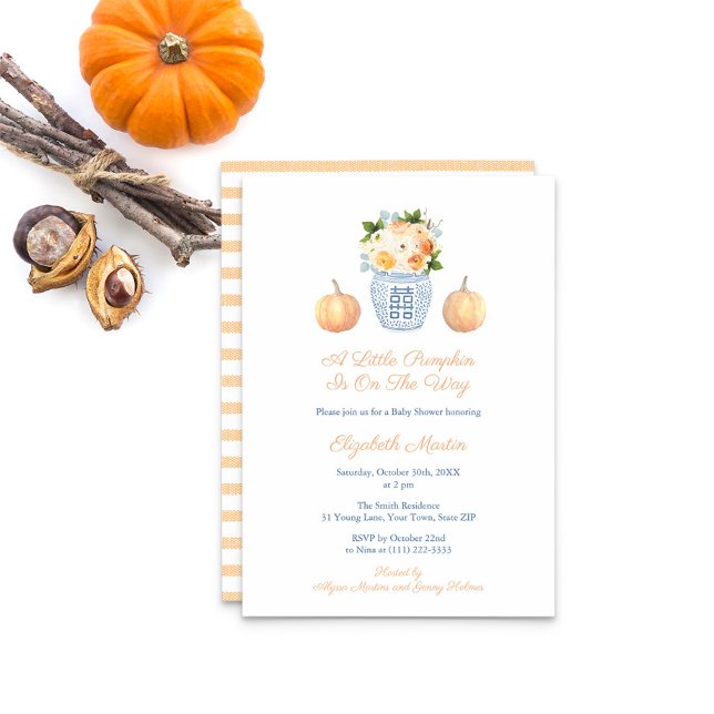 Convites Pequena Abóbora No Caminho Do Chá de fraldas De Ou (Little Pumpkin On The Way Baby Shower Invitation With Ginger Jar and soft orange contrasts)