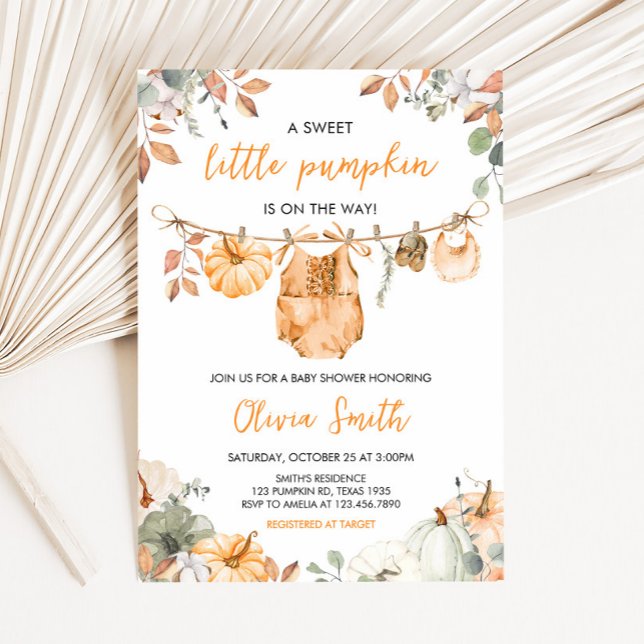 Convites Pequena Abóbora Outono Outono Chuvinha de Bebê  (Little Pumpkin Fall Clothesline Baby Shower Invitation)