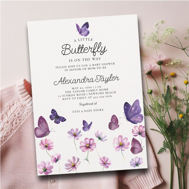 Convites Pequena borboleta Chá de Bebê Rosa Púrpura Selvage (little butterfly baby girl shower invitation cottage garden watercolor purple wildflowers adorable)