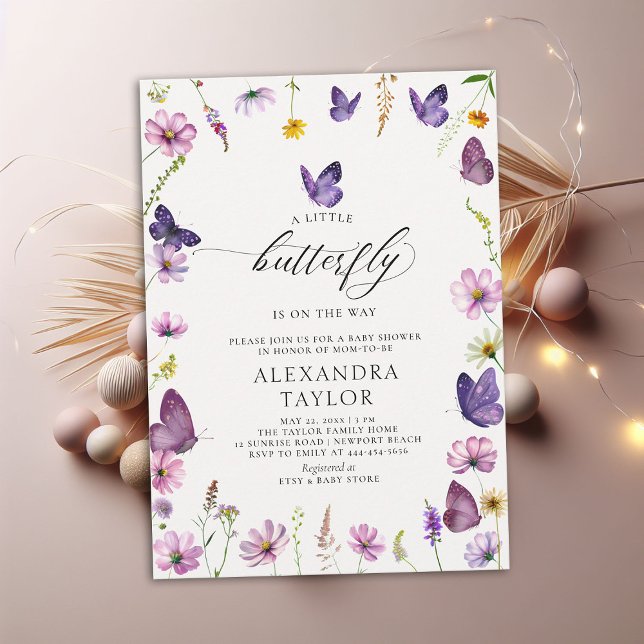 Convites Pequena borboleta Chá de Bebê Rosa Púrpura Selvage (little butterfly baby girl shower invitation purple pink garden watercolor spring summer cottage)