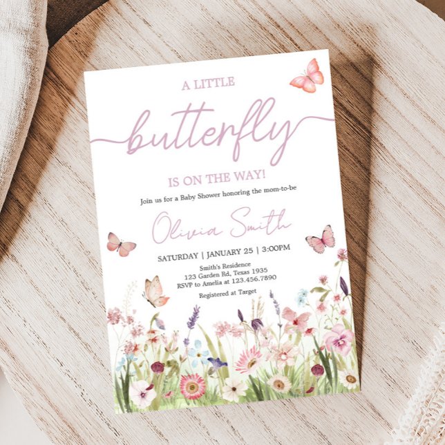 Convites Pequena Borboleta Chá de fraldas de flor selvagem (Wildflower Little Butterfly Baby Shower Invitation)