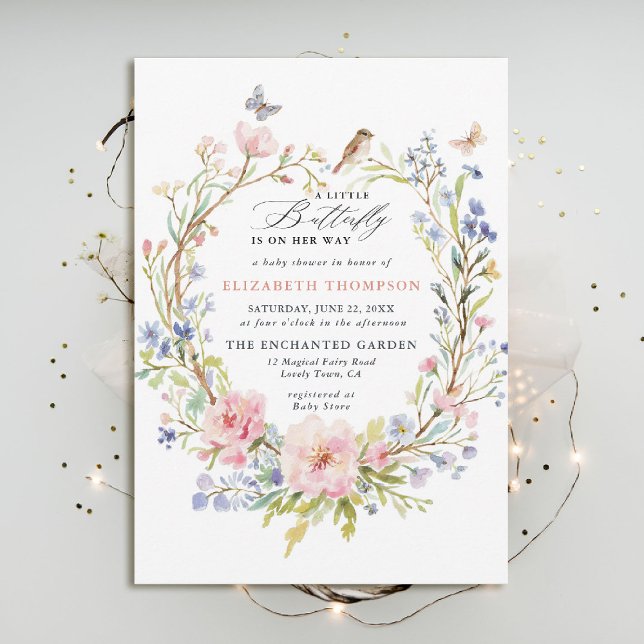 Convites Pequena Borboleta Flores Selvagens Chá de fraldas (little butterfly baby shower invitation enchanted garden woodland forest bird spring summer elegant)