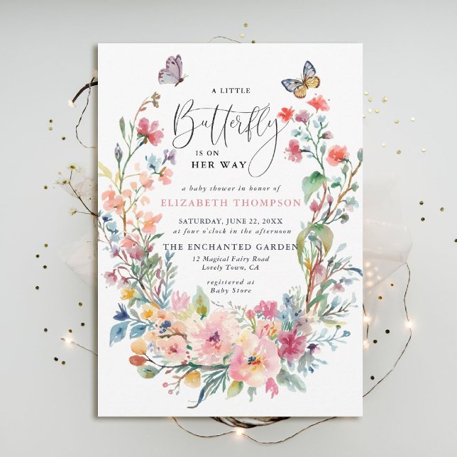 Convites Pequena Borboleta Flores Selvagens Chá de fraldas (butterfly baby shower invitation enchanted garden woodland forest bird spring summer whimsical roses)