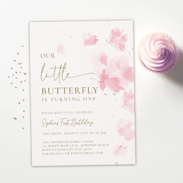 Convites Pequena Borboleta primeiro aniversario de Carga po (our little butterfly 1st birthday invitation girls pink blush watercolor garden tea party elegant)