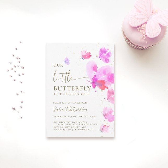 Convites Pequena Borboleta Rosa primeiro aniversario Púrpur (our little butterfly 1st birthday invitation girls pink purple watercolor garden tea party elegant)