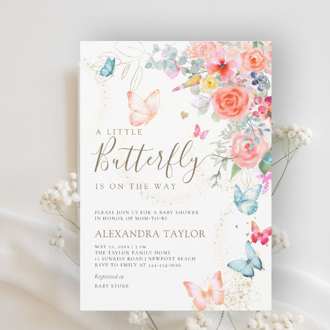 Convites Pequena Chá de Bebê do Jardim Brilhante (little butterfly baby shower invitation bright colorful garden peach orange teal blue watercolor)