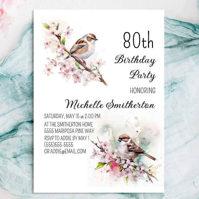 Convites Pequena Cherry Blossomo Primavera 80 de Aniversári (Pretty sparrow 80th birthday party invitation for women)