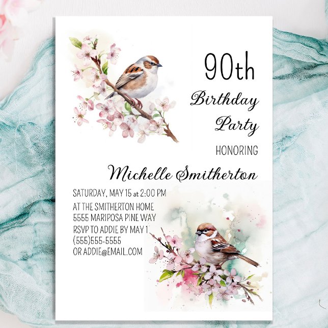 Convites Pequena Cherry Blossomo Primavera 90 de Aniversári (Pretty sparrow 90th birthday party invitation for women)