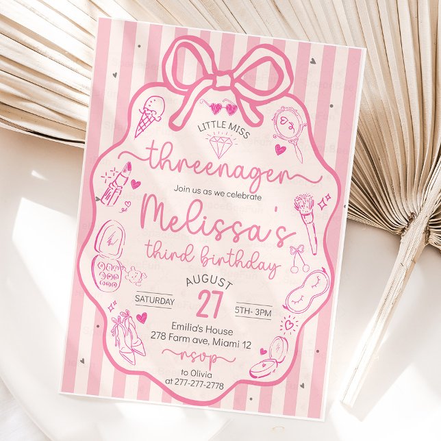 Convites Pequena Coquete de Laço Miss Threenager (Little Miss,Threenager, invitation, Pink Coquette,Hand Drawn invite, Bow invites,Fashion & Makeup,Gi)