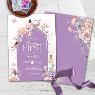 Convites Pequena Fada Primeiro Aniversário Púrpura Floral R