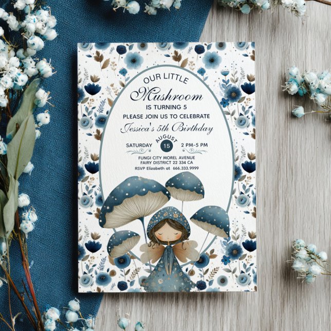 Convites Pequena Festa de aniversário Azul Fada de Cogumelo (Criador carregado)