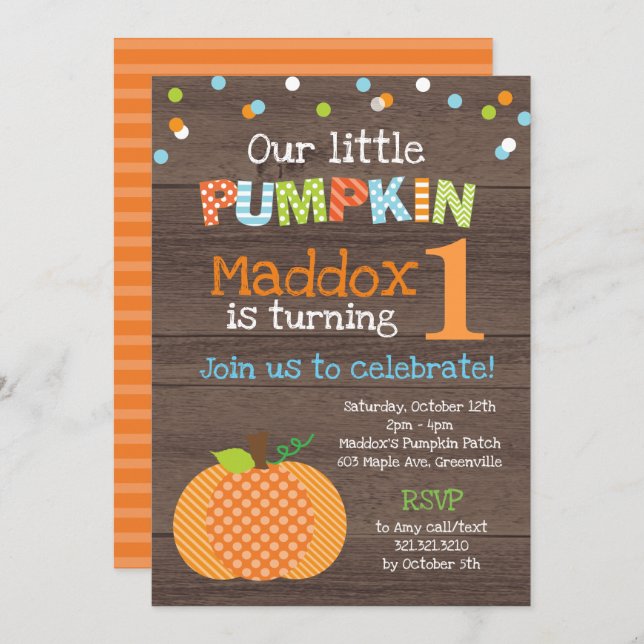 Convites Pequena Festa de aniversário de abóbora (Frente/Verso)