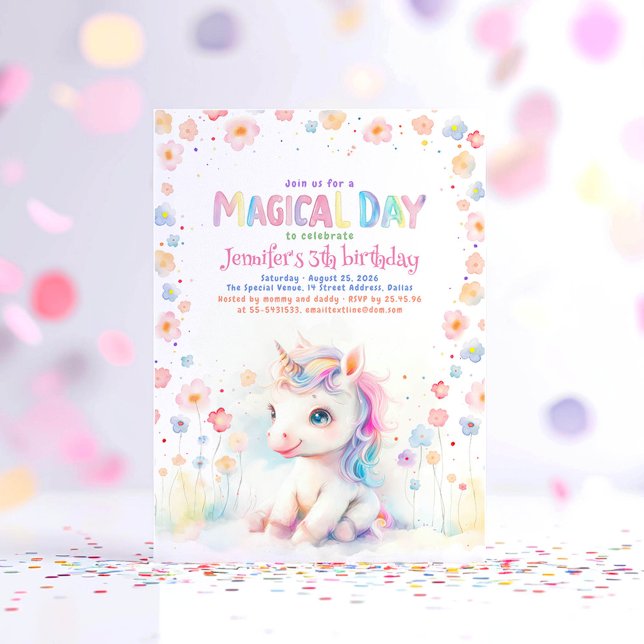 Convites Pequena Festa de aniversário de Diversão Floral do (Little Unicorn Birthday Invitation)