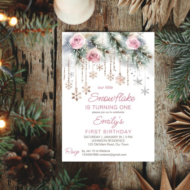 Convites Pequena festa de aniversário de inverno com floco  (Little snowflake winter wonderland birthday party editable template invitation digital download)