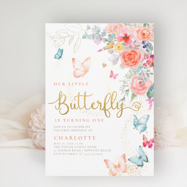 Convites Pequena Festa de aniversário do Jardim Brilhante (our little butterfly girls birthday party invite pink garden floral  butterflies watercolor elegant)