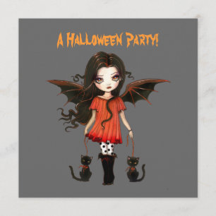 Convites Pequena Garota Morcego Vampira Gótica Gatos Hallow