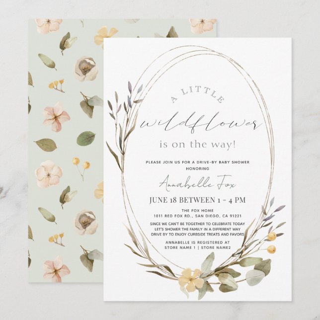 Convites Pequena Garota Oval de Flor Selvagem, Dirija por C (Frente/Verso)