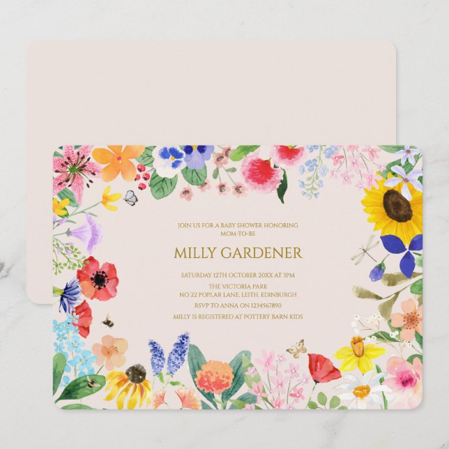Convites Pequena mãe de flor silvestre para o Chá de fralda (Frente/Verso)