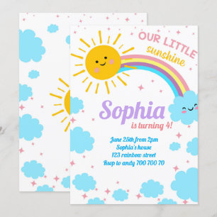 Convites Pequena Nuvens de Arco-Íris Rosa Rosa Sol Aniversá