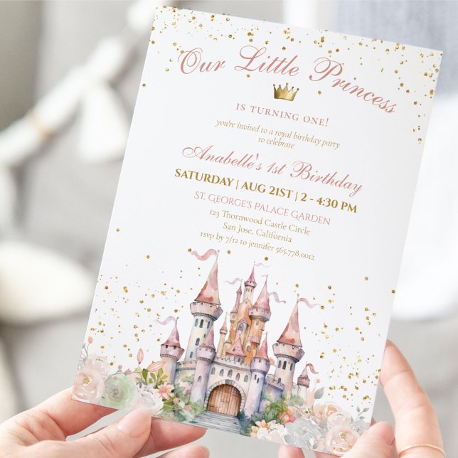 Convites Pequena Princesa Blush Dourado primeiro aniversari (Little Princess Blush Gold Crown 1st Birthday Invitation)