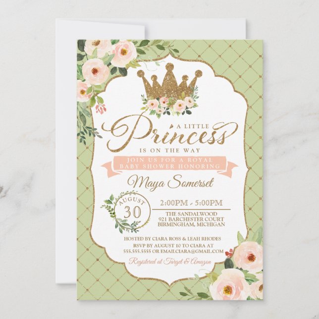 Convites Pequena Princesa Blush Mint Dourado Chá de fraldas (Frente)