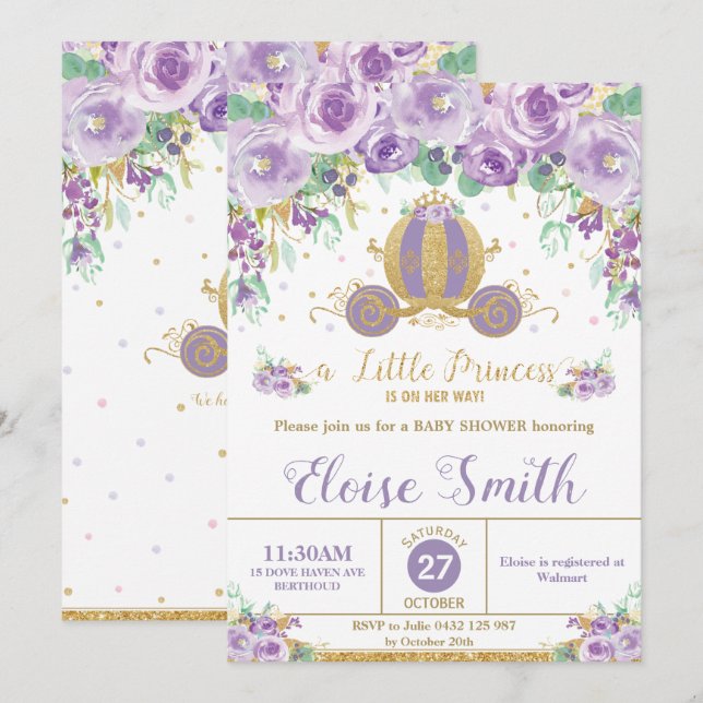 Convites Pequena Princesa Carruagem Roxo Floral (Frente/Verso)