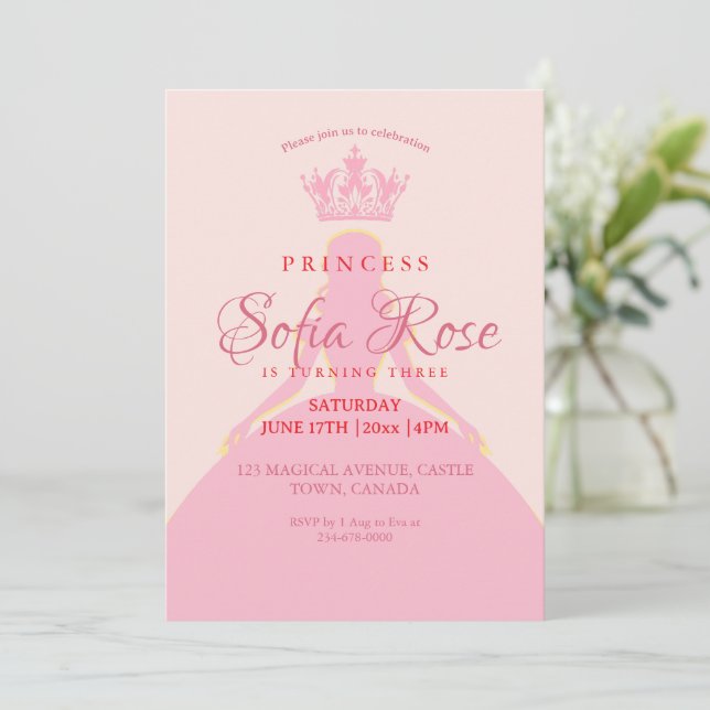 Convites Pequena Princesa Coroa Escorregada Rosa Aniversári (Em pé/Frente)