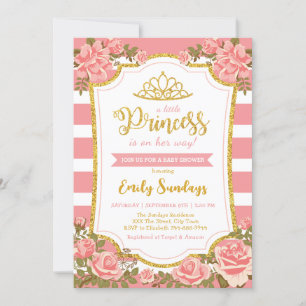 Convites Pequena Princesa Dourada Coroa Rosa Chá de fraldas
