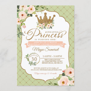 Convites Pequena Princesa Floral Blush & Mint Royal Birday