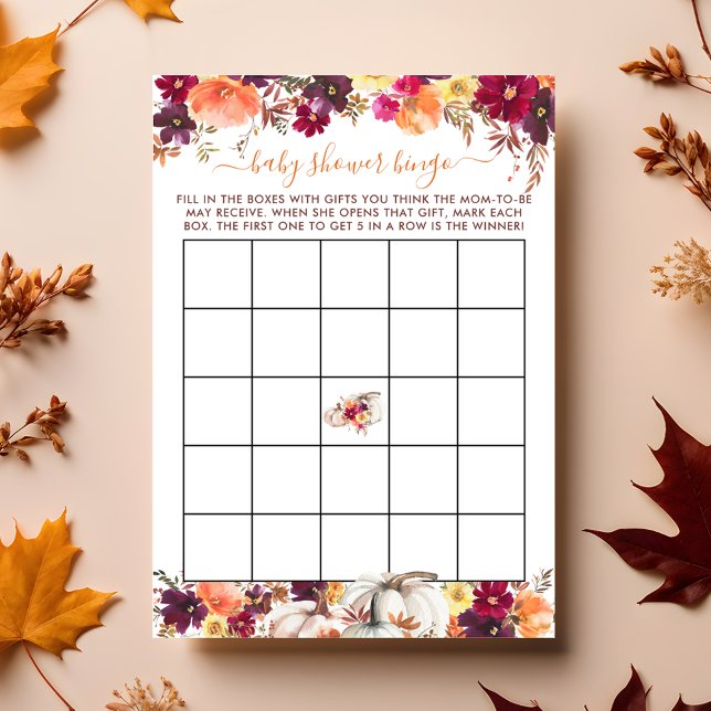 Convites Pequena Pumpkin Fall Floral Chá de fraldas Bingo (Little Pumpkin Fall Floral Baby Shower Bingo Card)