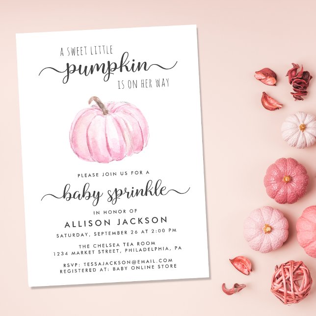 Convites Pequena Pumpkin Pink Watercolor Menininha Sprinkle (Celebrate the upcoming arrival of your sweet little autumn baby with a pumpkin-themed baby sprinkle)