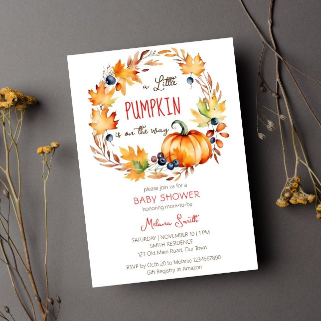 Convites Pequena queda de chá de fraldas de abóbora (Little pumpkin baby shower template invitation digital download fall leaves berries pumpkin wreath)