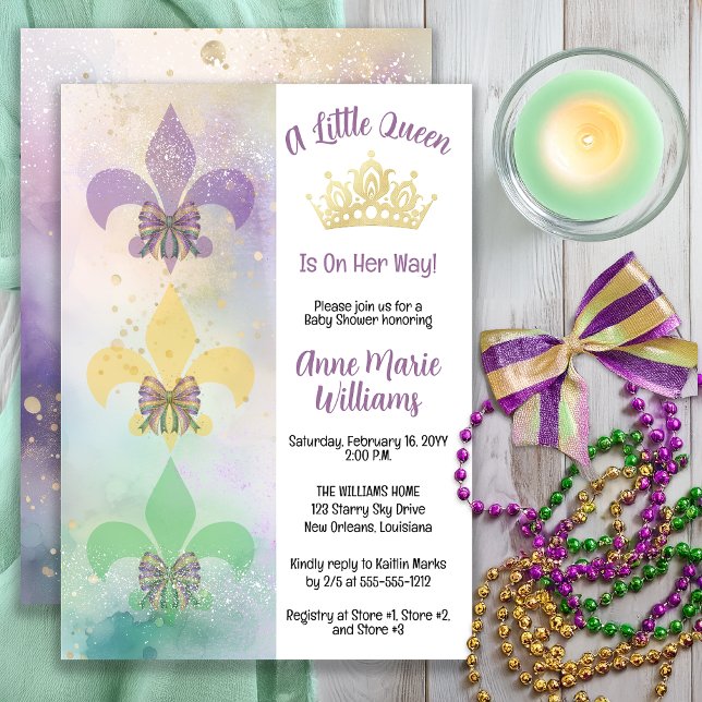 Convites Pequena Rainha do Mardi Gras Fleur de Lis Chá de B (Little Mardi Gras Queen Baby Shower Invitation with Crown & Fleur-de-Lis -- Print | Digital)