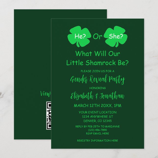 Convites Pequena Revelação de Gênero Shamrock (Frente/Verso)