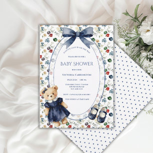Convites Pequena Senhora Azul e Branco Urso Floral Vintage