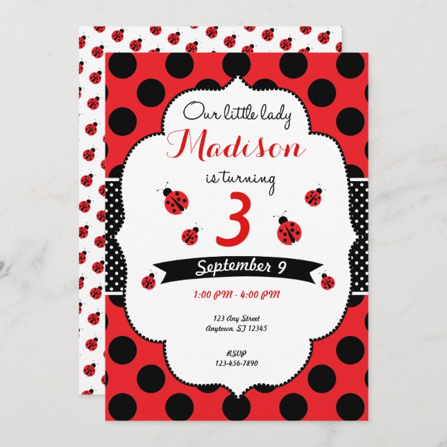 Convites Pequena Senhora Ladybug Aniversário Qualquer Bolin (Frente/Verso)