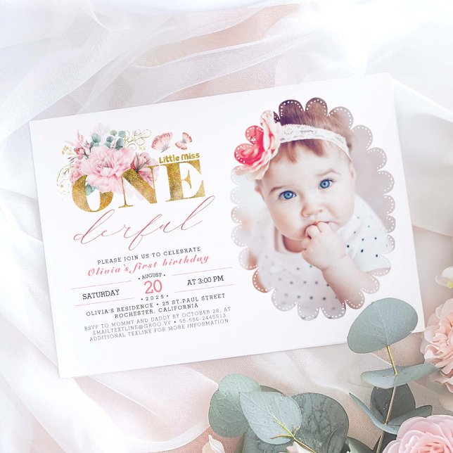 Convites Pequena Senhorita ONE - Foto Dourada do primeiro a (Little Mis One Derful 1st Birthday Photo Invitation)