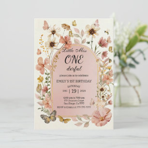 Convites Pequena Senhorita ONEderful Floral Rosa Aniversári