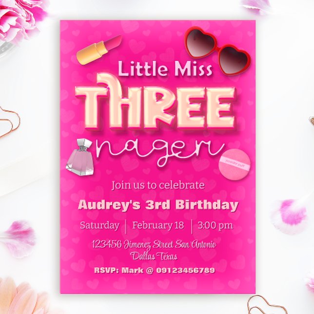 Convites Pequena Senhorita Três Anos - Aniversário de 3 ano (Little Miss Threenager - Girl 3rd Birthday Invitation)