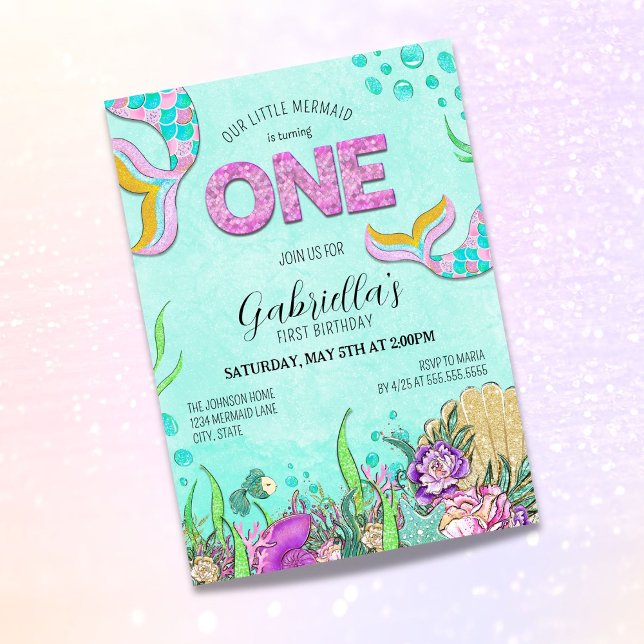 Convites Pequena Sereia Transformando Um primeiro aniversar (Criador carregado)